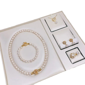 Elegant 18K Gold Camellia Flower Pendant Color Natural Freshwater Pearl Chain Bracelets Stud Earrings Necklace Jewelry Sets