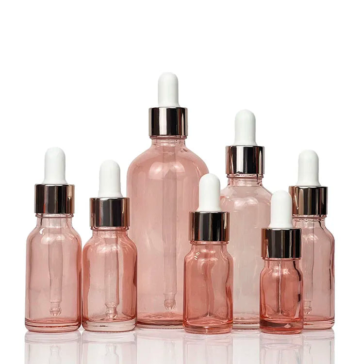 Luxury Pink Glass Dropper Rose Gold Essential Oil Bottle 15ml 30ml 50ml 100ml Screen Printing for Skin Care Serum