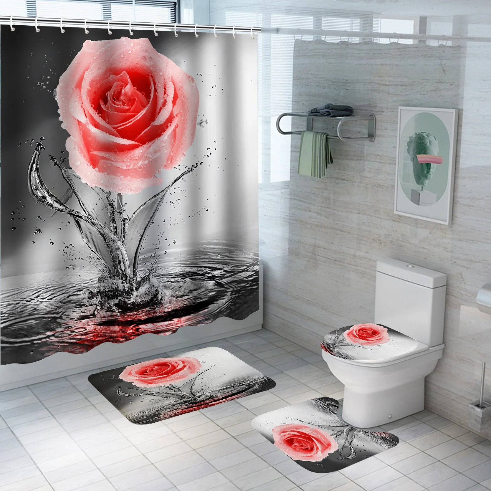 Hot Selling Rose Flowers Shower Curtain Set HD Printed Customization Curtains and Rugs