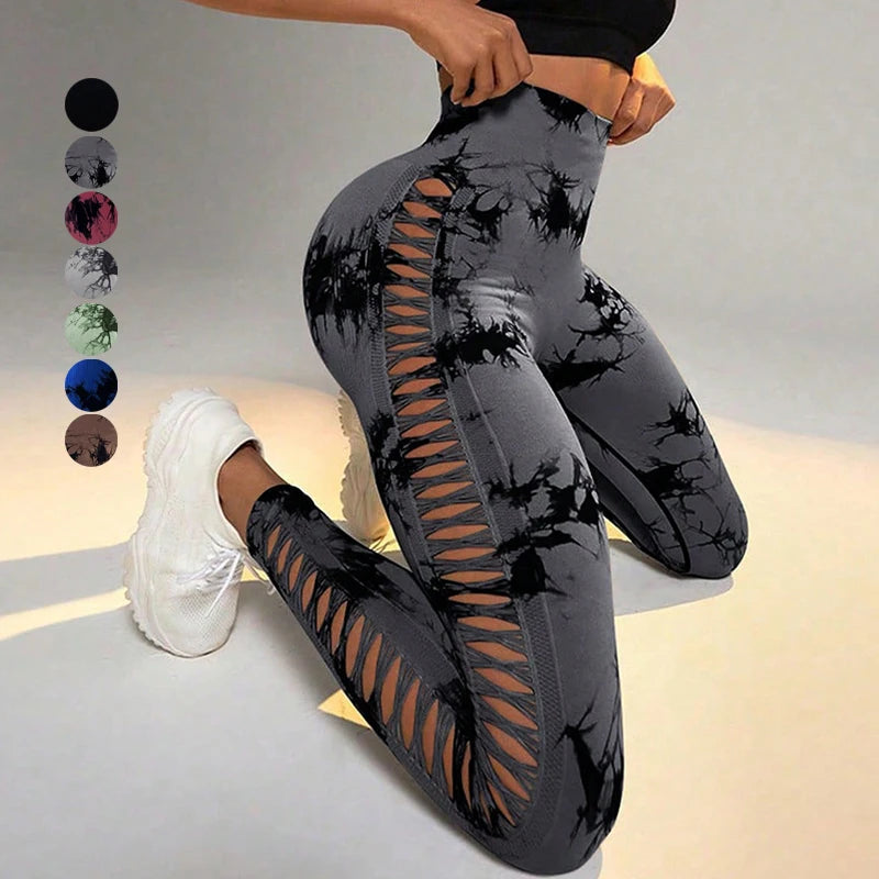 YIYI High Waist Butt Lift Workout Tie Dye Tight Yoga Side Hollow Out Pants Ruched Booty Sport Seamless Yoga Leggings for Women