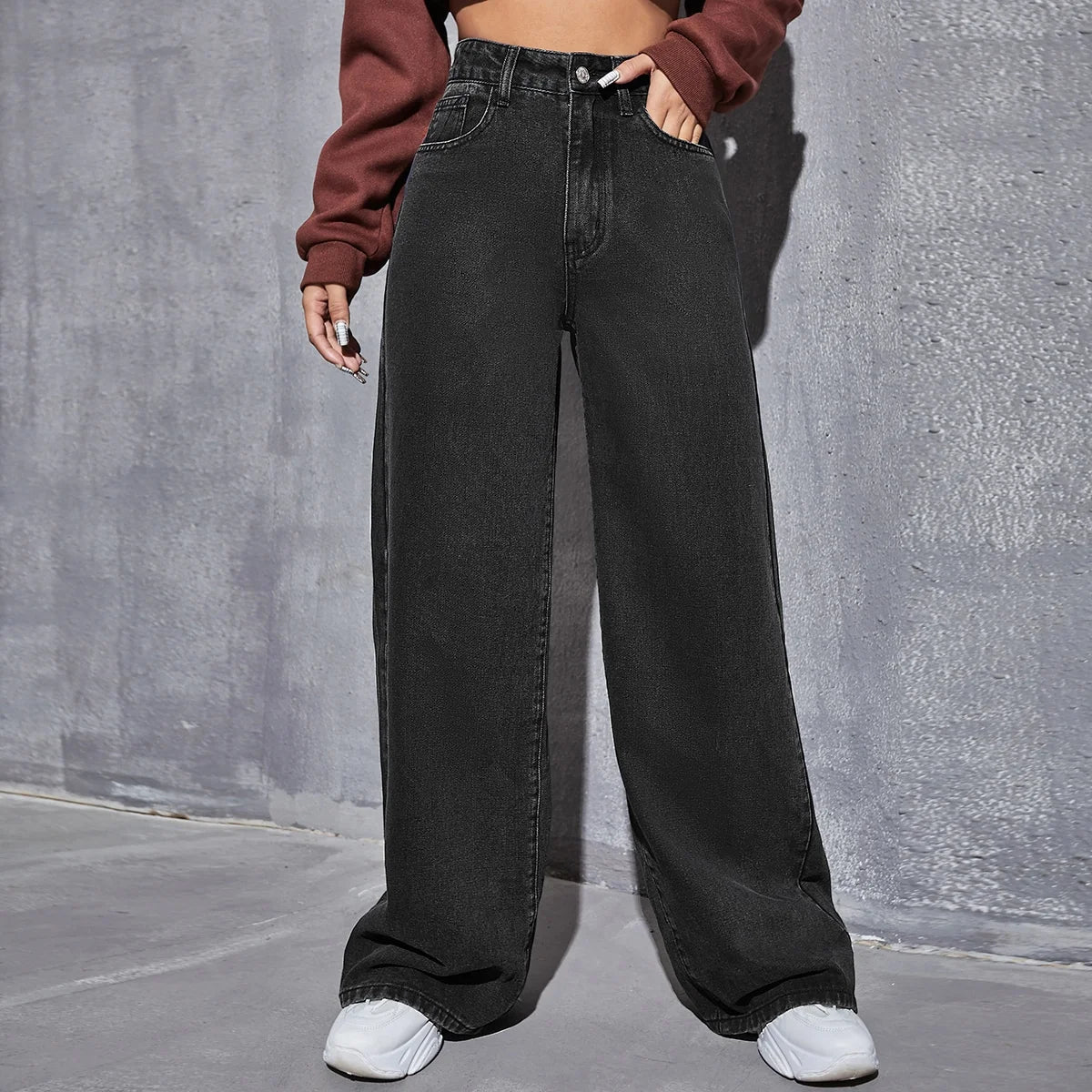 High Fashion Women's Classic High-Waisted Loose Wide-Leg Jeans Breathable Casual Woven Trousers in Denim Fabric Pantalon Femme