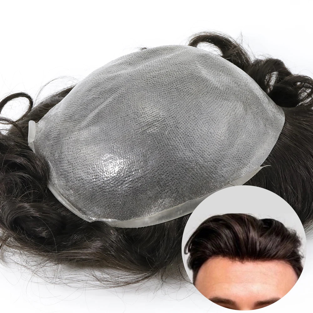 Emeda Mens Toupee Hair System Pieces Thin Skin Silicone Base V-loop Knotted Human Hair Wigs Prostheses for Men Toupee Hair Patch