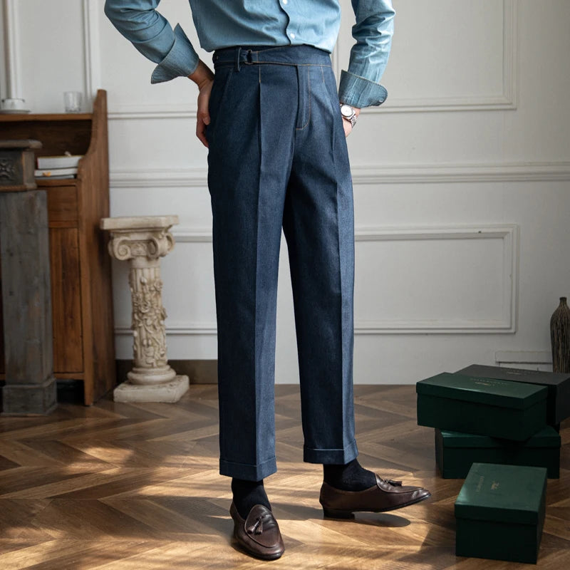 Factory Wholesale Men's Retro Denim High Waist Straight Leg Pants Korean Version Joker Casual Trousers Business & Fashion Style