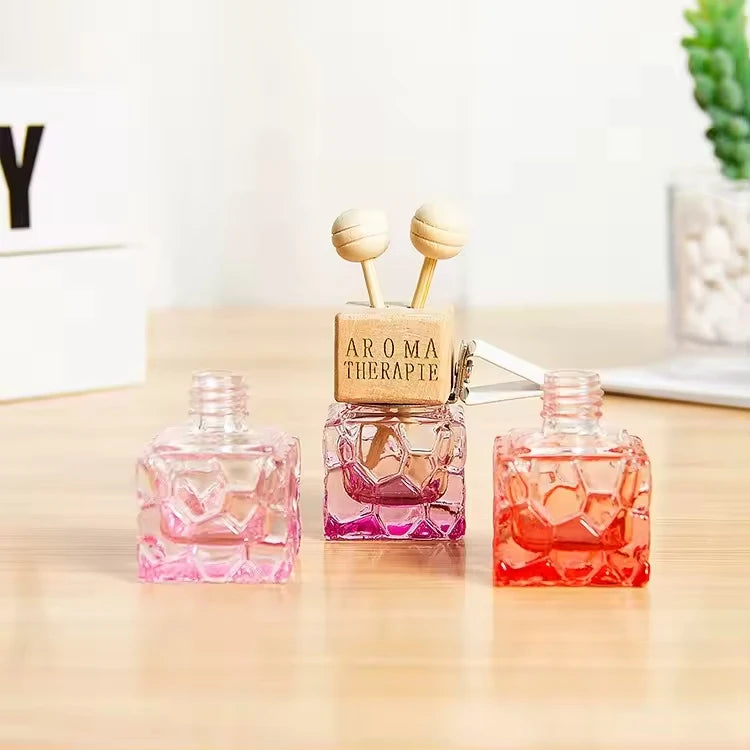 10ml Refillable Car Aromatherapy Car Fragrance Bottle Wooden Cap Red pink Purple Square Perfume Glass Bottle with Clip