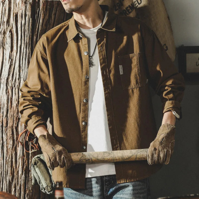 Wholesale Spring Plain Vintage 100% Cotton Stand Collar Breathable Washed Safari Mens Denim Shirt Jacket Plus Size