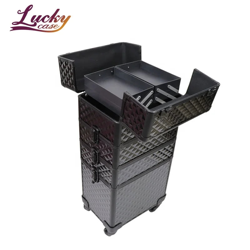 Professional Makeup Trolley Case 4 in 1 Folding Trays  Aluminum Frame Rolling Cosmetic Case Beauty Makeup Travel Case