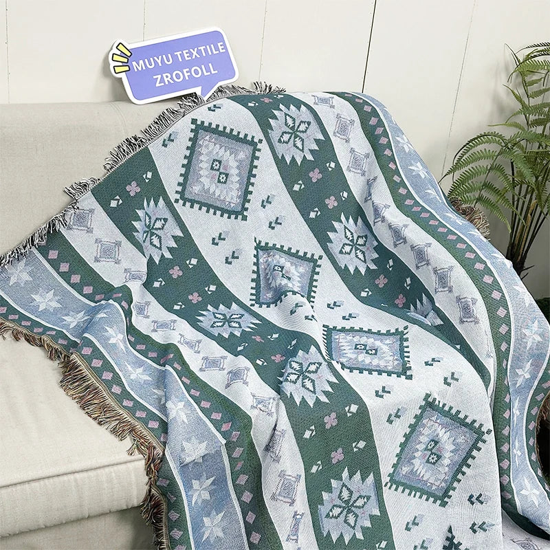 Custom Woven Bohemian Throw Picnic Blanket with Solid & Dot Patterns for Home Decor Four Seasons Use