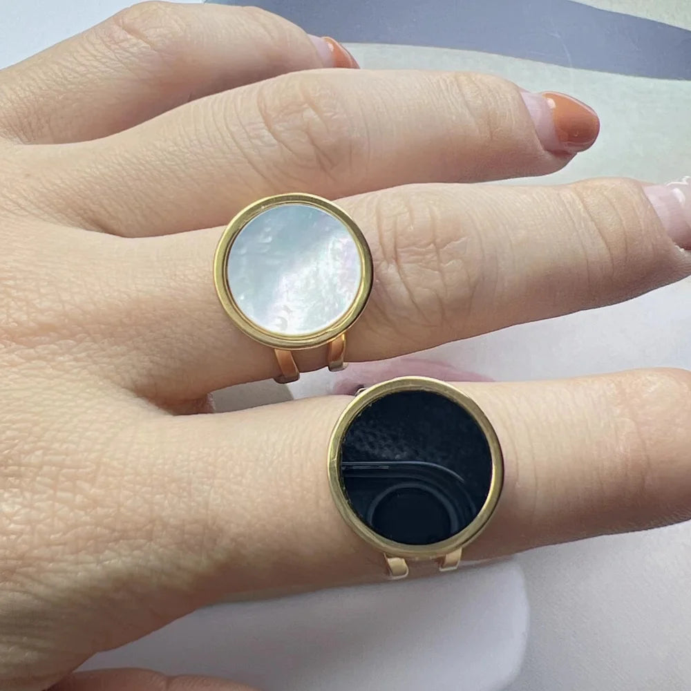 Wholesale Custom Gemstone Rings Women Gold Stainless Steel Natural Black Agate MOP Shell Open Ring Jewelry