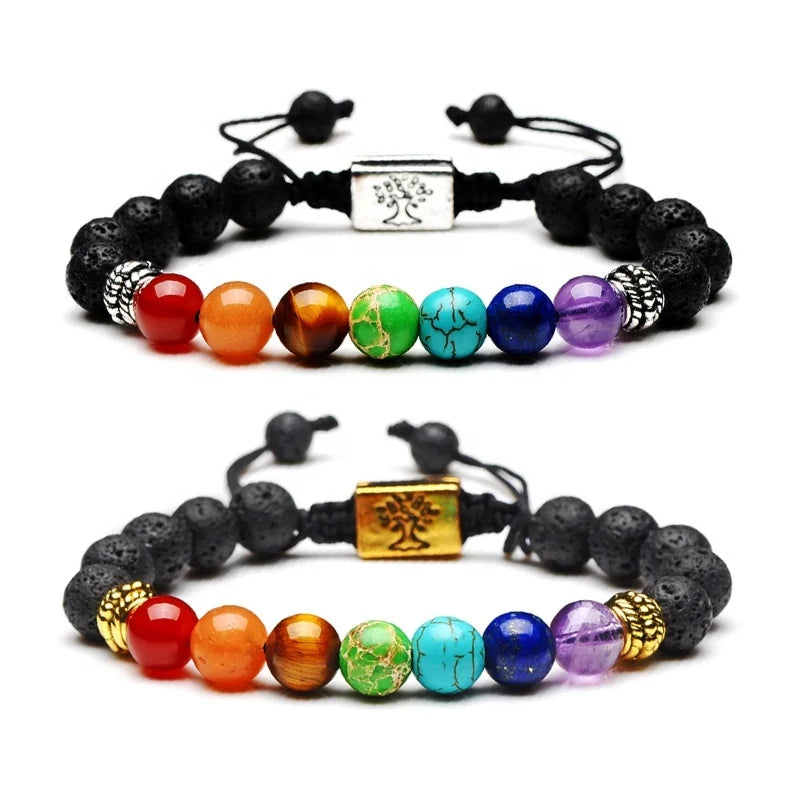 Wholesale Charm Tree of Life 8MM Lava Natural Stone Beads Women Men Adjustable Yoga Healing 7 Chakra Bracelet Jewelry