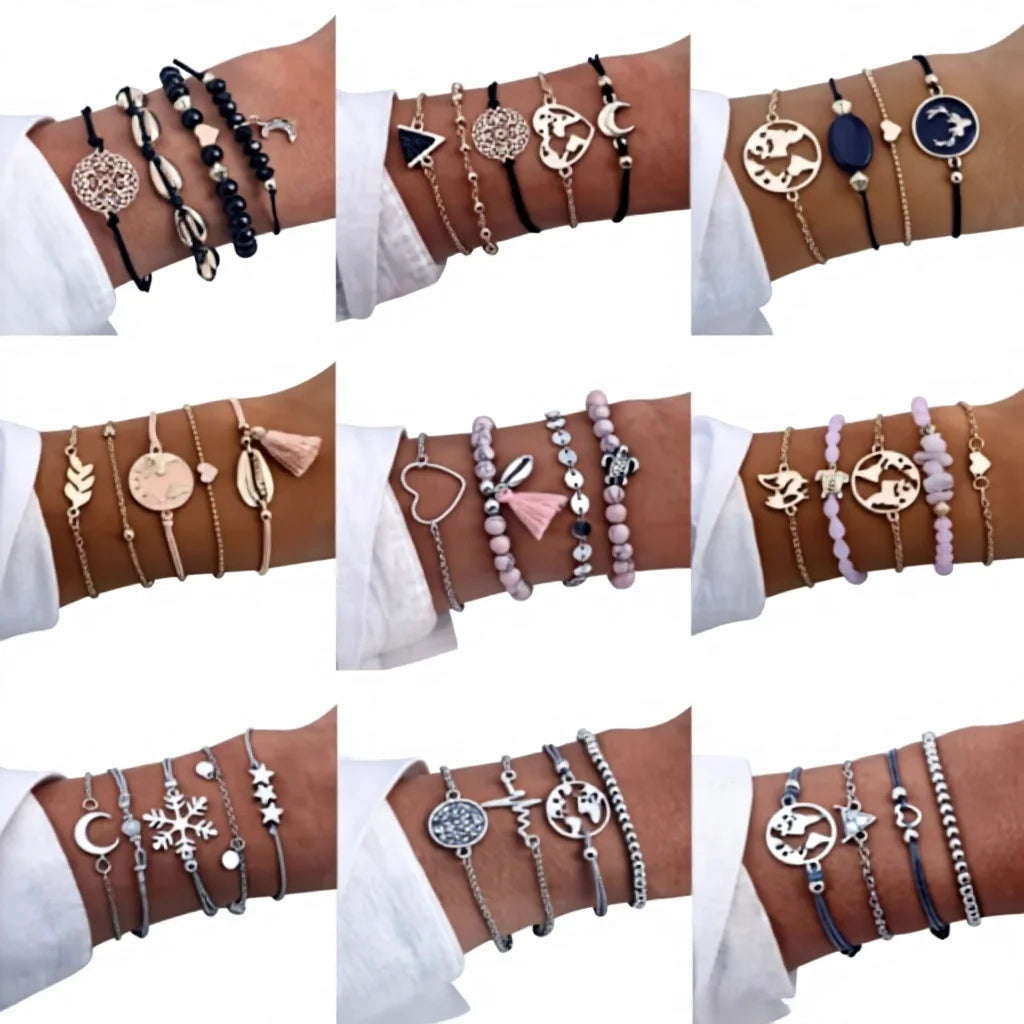 Retro Bohemian Bangle Pulseras De Mujer Elephant Heart Shell Star Moon Bow Map Crystal Bead Bracelet Women Charm Jewelry
