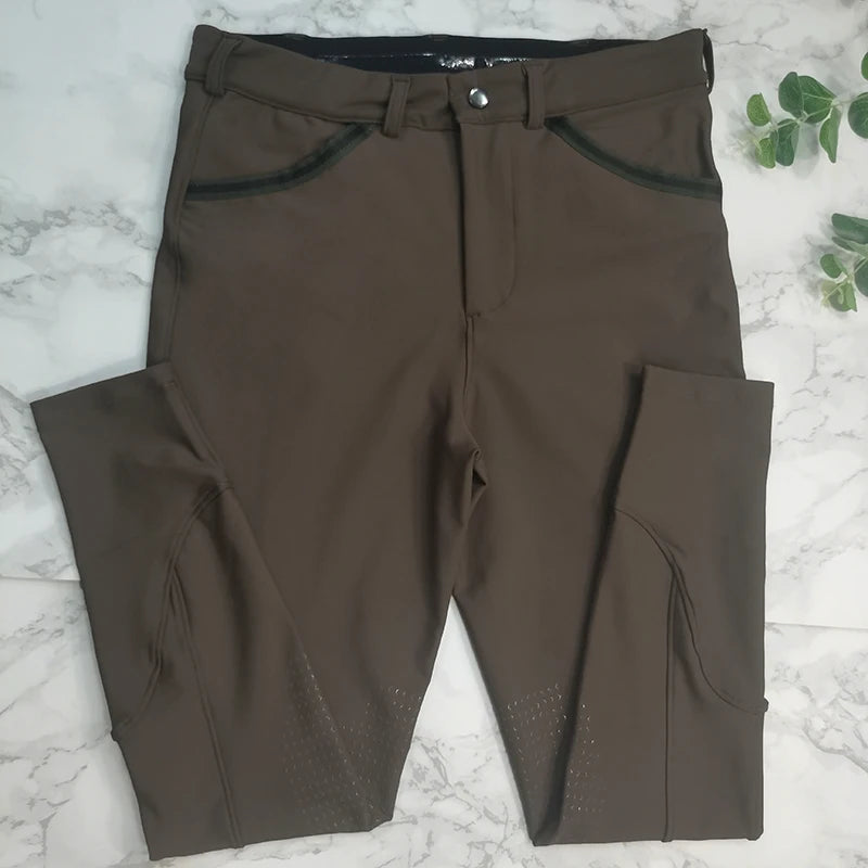 Men's Brown Jodhpurs Soft Breathable Spandex Riding Breeches Quick Dry Horseback Equestrian Knee Grips Pocket for Horse Riding