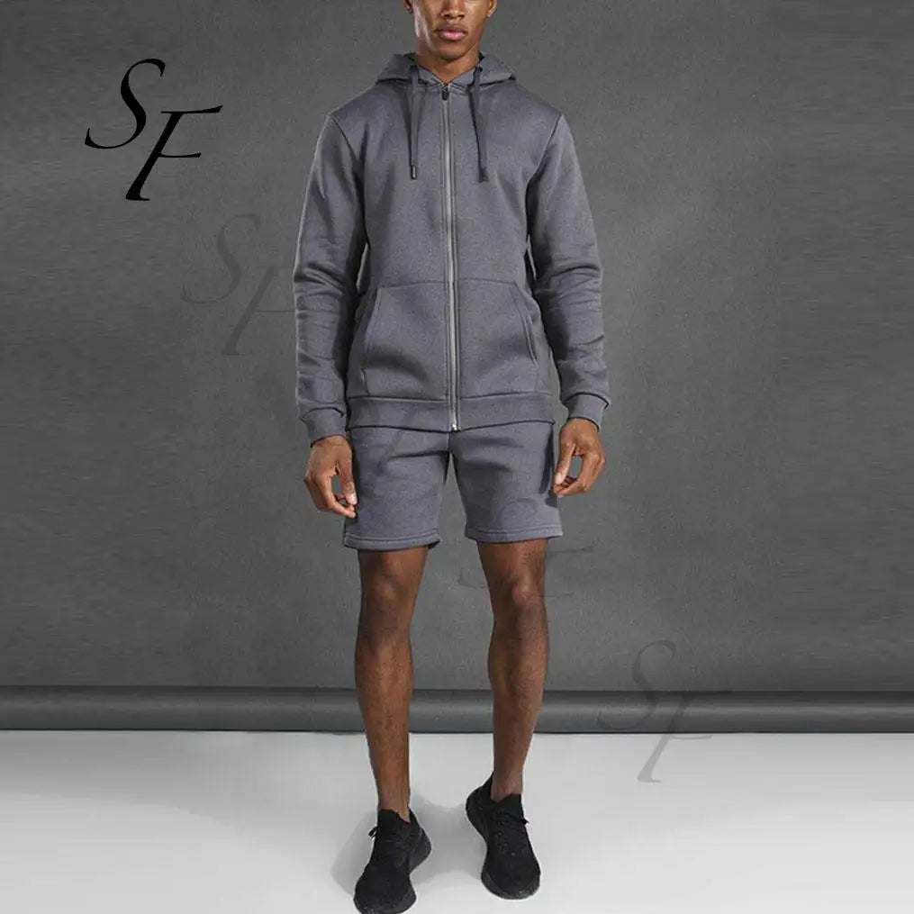 Custom Logo Plus Size French Terry Men's Casual Hoodies Shorts Set Blank Full Zip up Plain Sweatshirts for Men