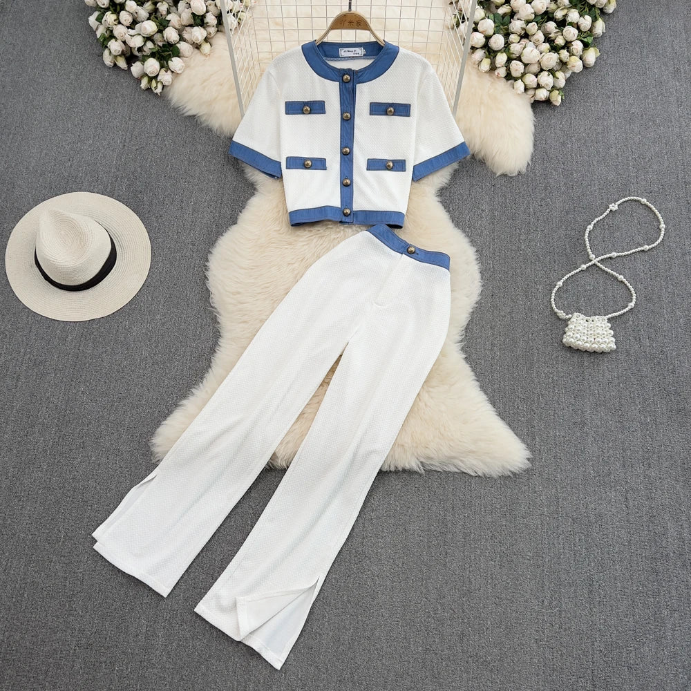 Wholesale 2026 Summer Round Neck Single Breasted Denim Contrast Color Slim Short Top Wide Leg Pants Women Set