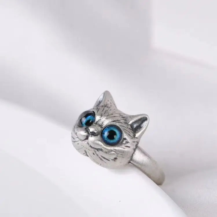 Vintage Blue Eye Cat Kitty Animal Rings for Women Girls Fashion Silver Color Opening Adjustable Ring Gothic Jewelry Gifts