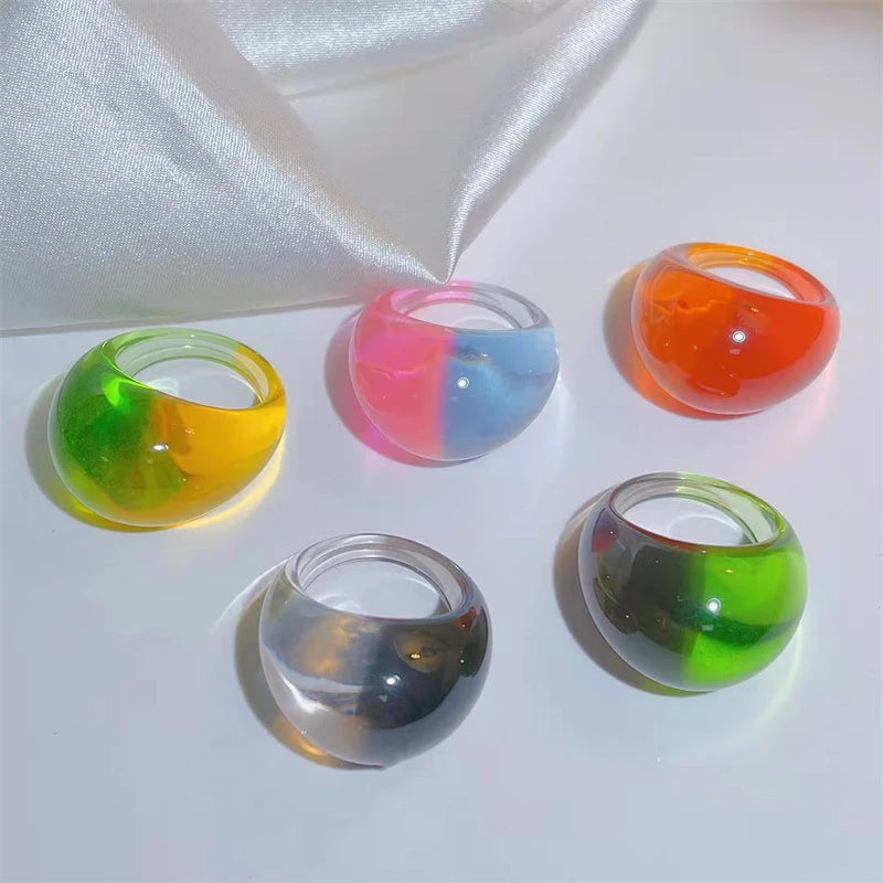Colorful Candy Geometric Chunky Rings Gradient Clear Acrylic Resin Fashion Jewelry