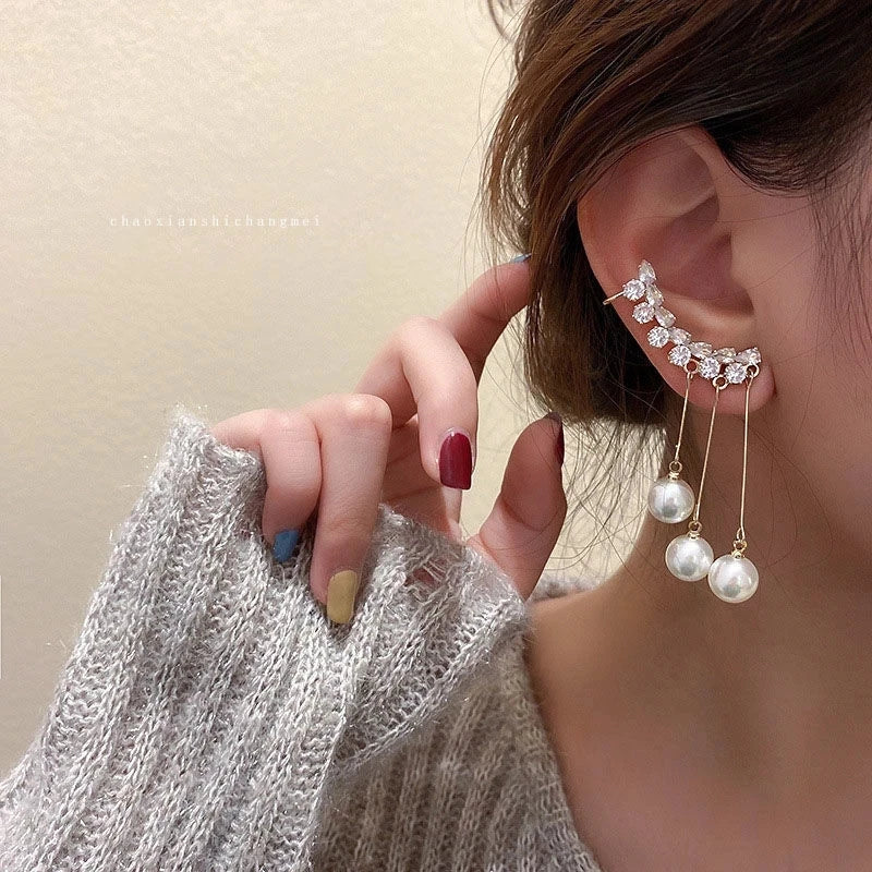 Fashion Pearl Zircon Dangle Earrings Long Pearls Rhinestone Tassels Drop Earrings Pearl Zircon Drop Earrings for Women