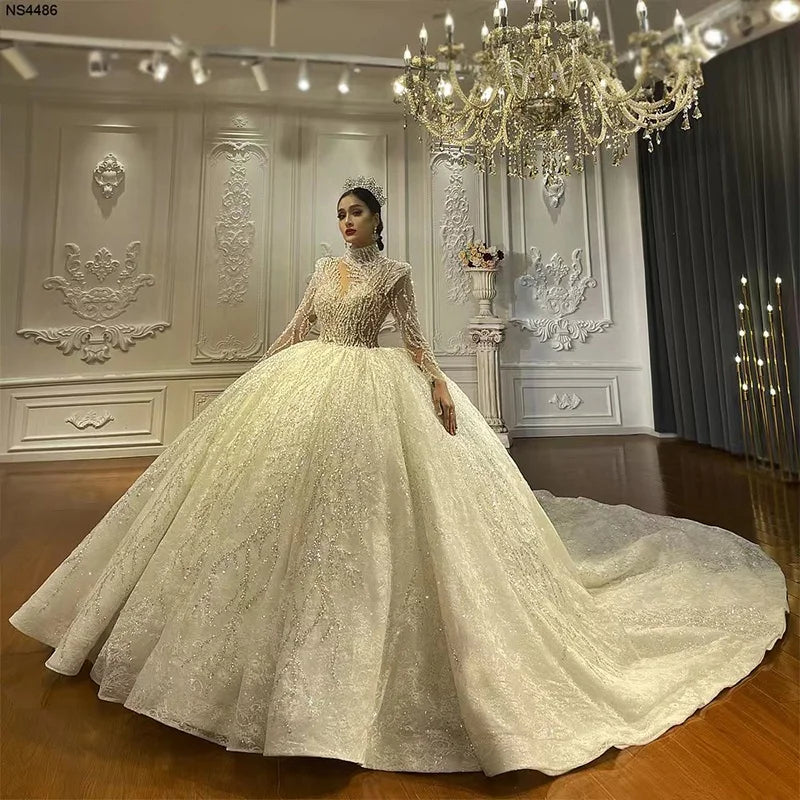 Jancember NS4486 Muslim French Sequins Lace Bridal Dresses Elegant Wedding Party Dresses