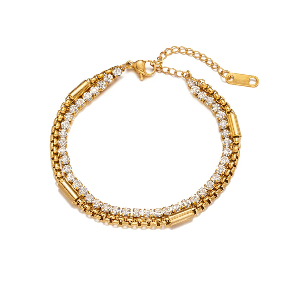 Wholesale Fashionable New Adjustable 18k Gold Plated Double Layer Zircon Bangle Fashion Stainless Steel Bracelet for Women