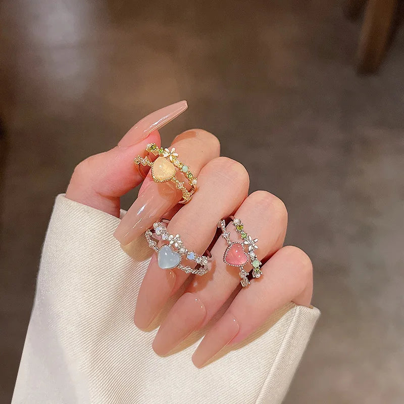 2023 Hot Sale New Arrival Colorful Flower and Heart Shape Crystal Jewelry Rings Adjustable Size Ring