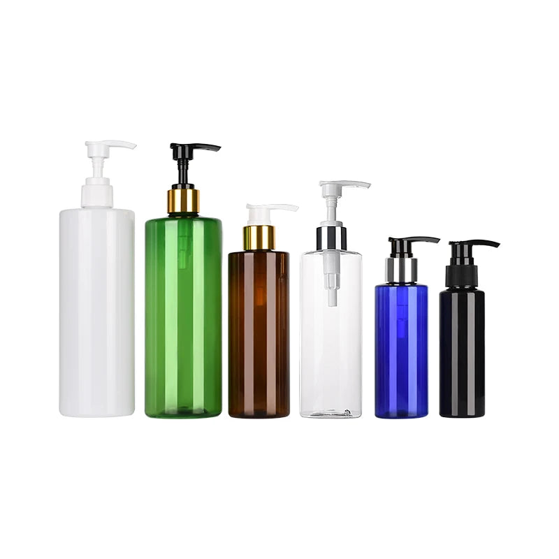 Empty Shampoo Container 100ml 150ml 250ml 300ml 500ml Flat Shoulder clear Amber PET Plastic Bottles with Gold Pump Dispenser