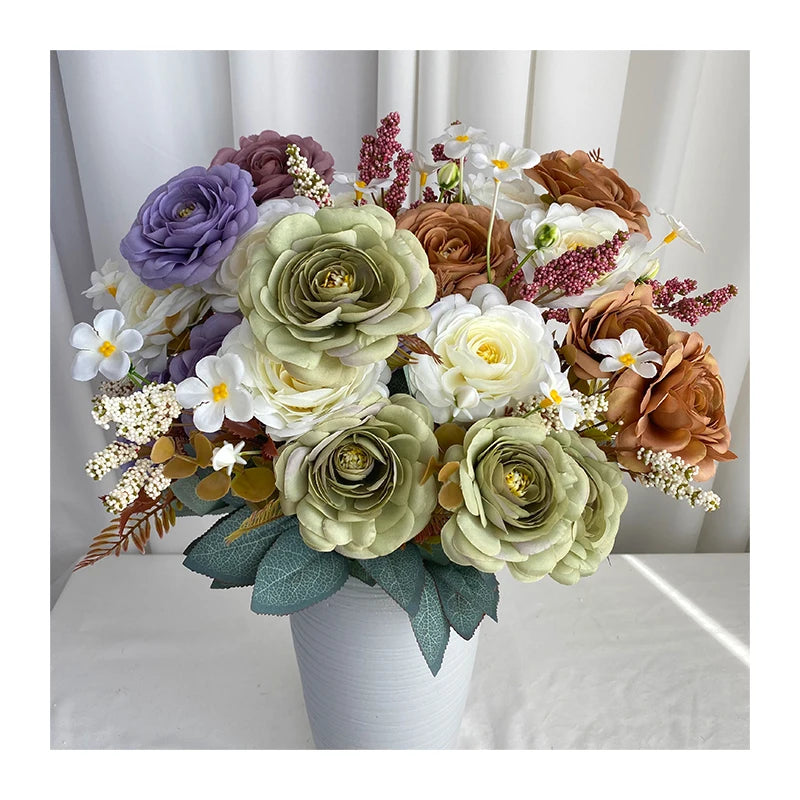 OUZI 9 Head Rich Dew Lotus Rose Wedding Decoration Artificial Flowers Decorative