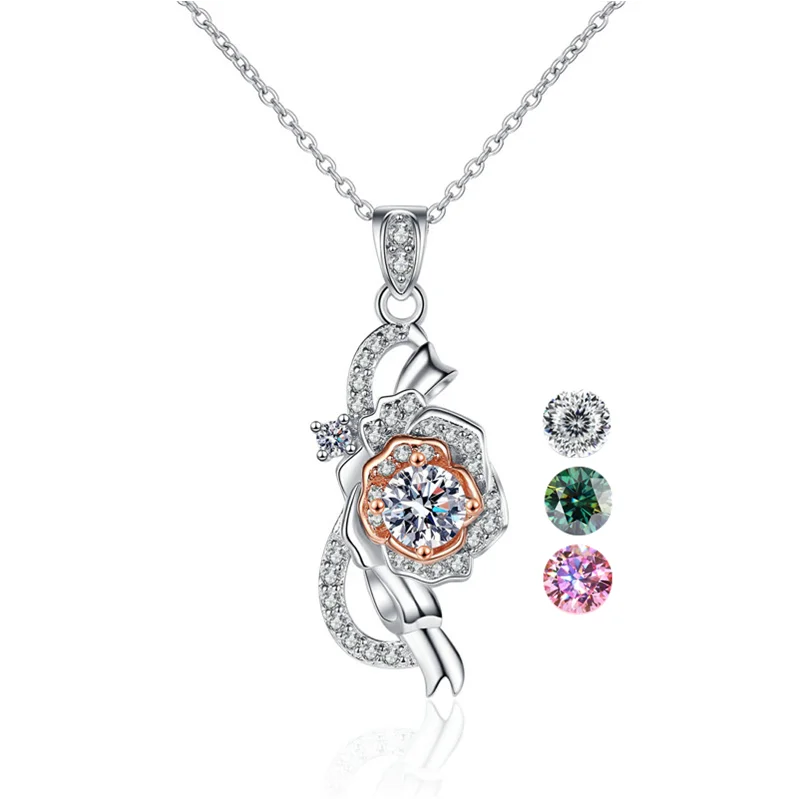 Fine Jewelry Wholesale 925 Sterling Silver Necklace Moissanite Diamond 0.5CT Moissanite Rose Pendant Girls Gifts