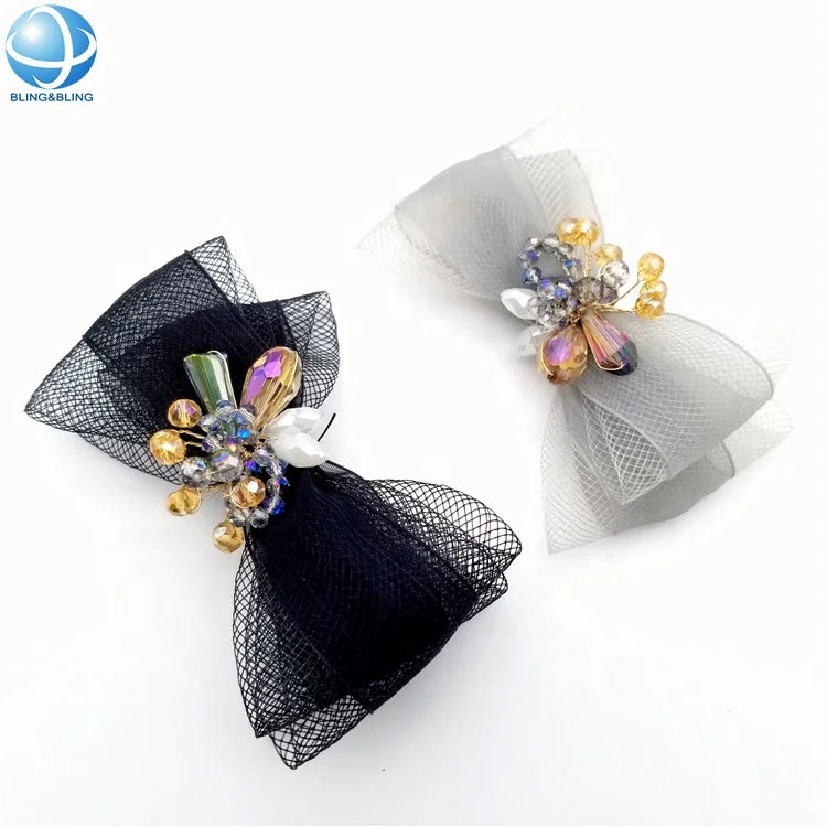 New Design Mesh Bowknot Rhinestone Shoe Clips Decorations for Ladies