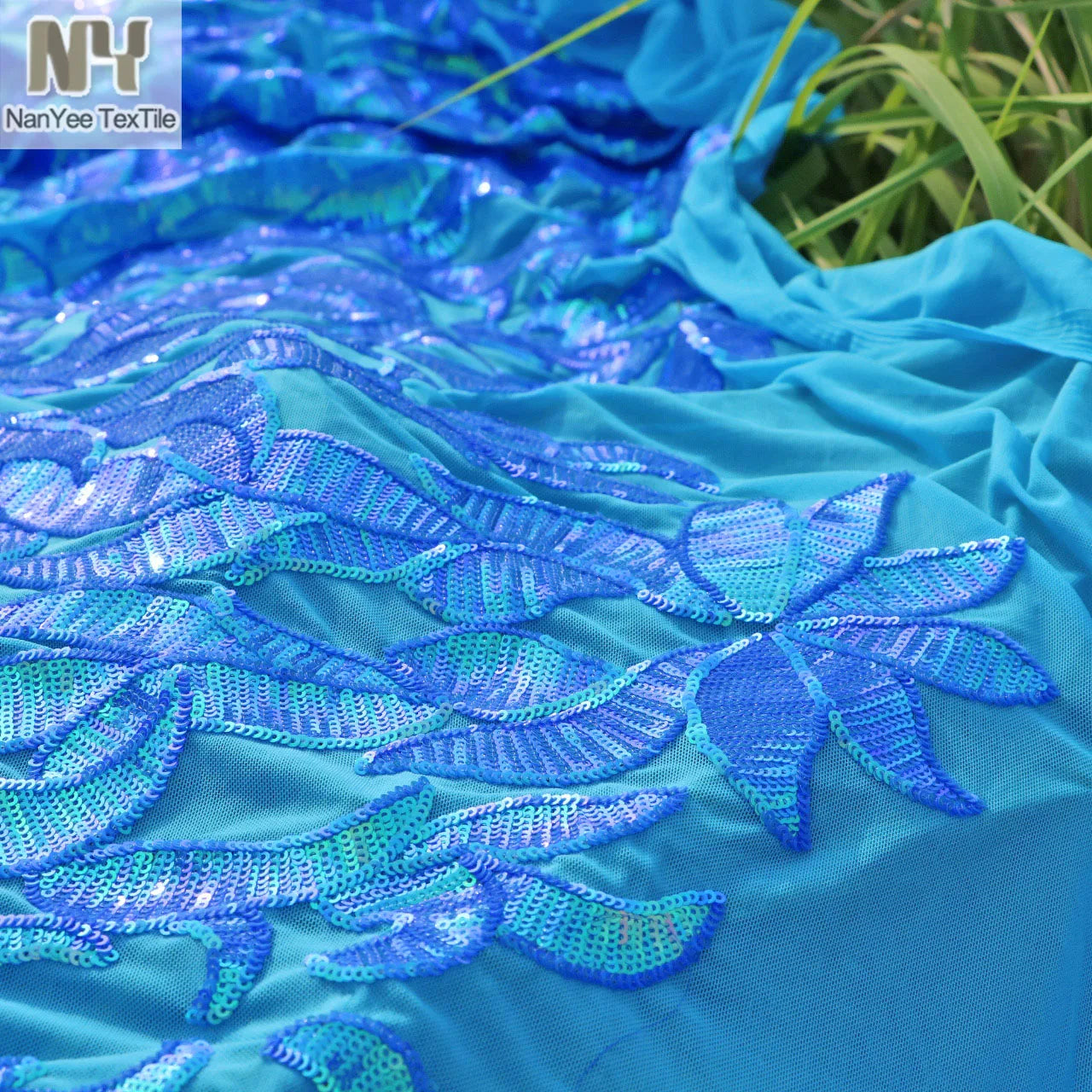 Nanyee Textile Pearl Blue Iridescent Flower Damask Sequin Fabrics on Elastic Nylon Mesh