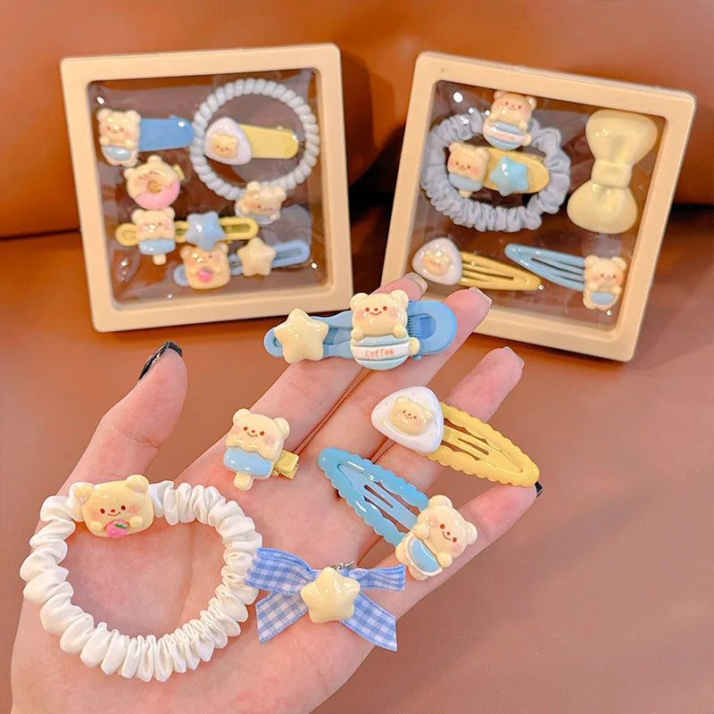 Cute Custard Bear Series Kids Hair Accessories Wholesale OPP Pack Baby Hair Clip Ties Gift Box for Sweet Metal Plastic Fabric