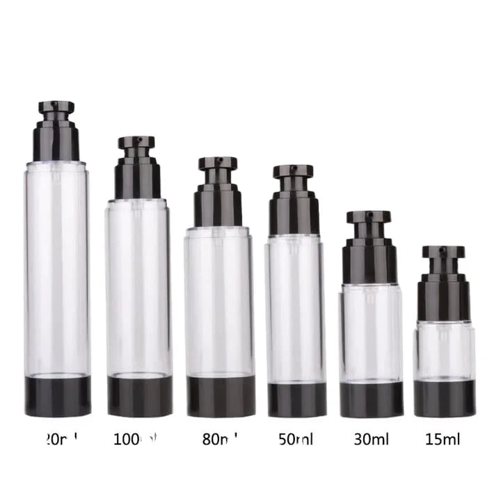 Matte Black PET Vacuum Dispensing Bottle Screen Printing UV Coating Custom Logo Stock Plastic Skin Care Serum Packaging Optional