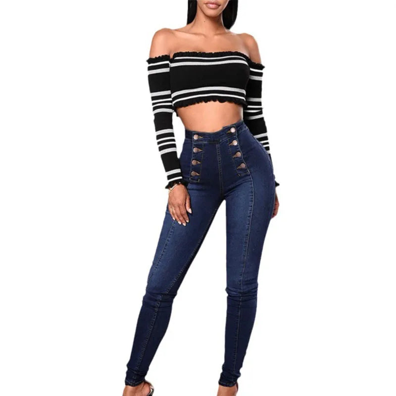 RNSHANGER High Waist Buttons Decoration Shaping Women Jeans Pockets Push up Fashion Skinny Double-breasted Pencil Jeans