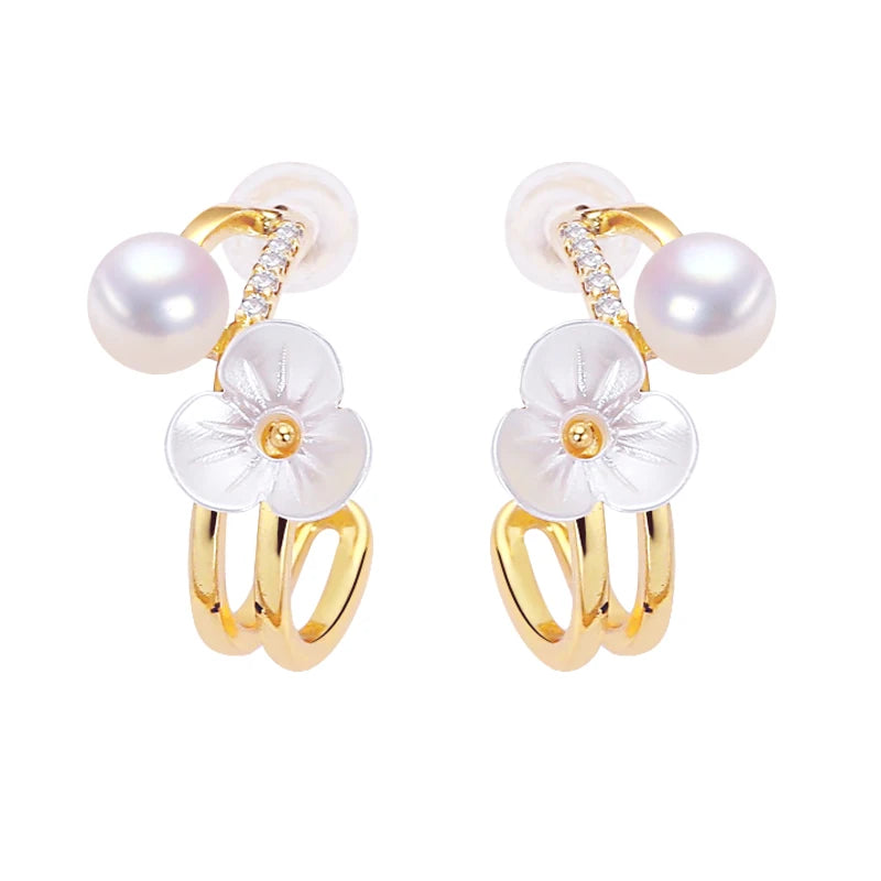 Wholesale S925 Pure Silver Needle Jewelry Sweet Small Flower Freshwater Pearl Earrings for Women