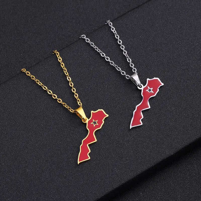 BINSHUO Wholesale Custom Stainless Steel Jewelry Drop Oil Morocco Nation Map Flag Men Pendant Charm Couples Necklace for Women
