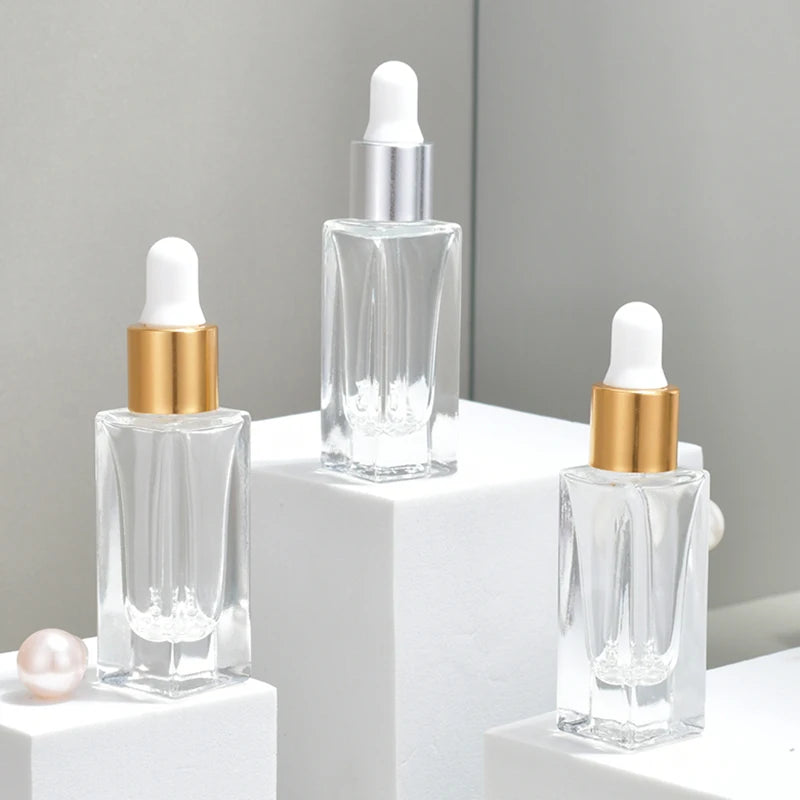 Customization Glass Dropper Bottles Clear Glass Square Shape Dropper 5ml with Silver Gold Available for Customized logo