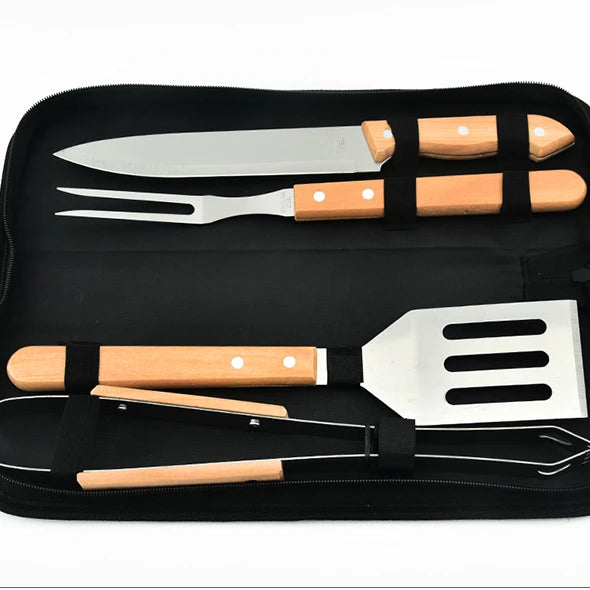 Hot Selling Outdoor Camping Portable 4PCS Wooden Handle  BBQ Grill Tools Set With Oxford Cloth Bag