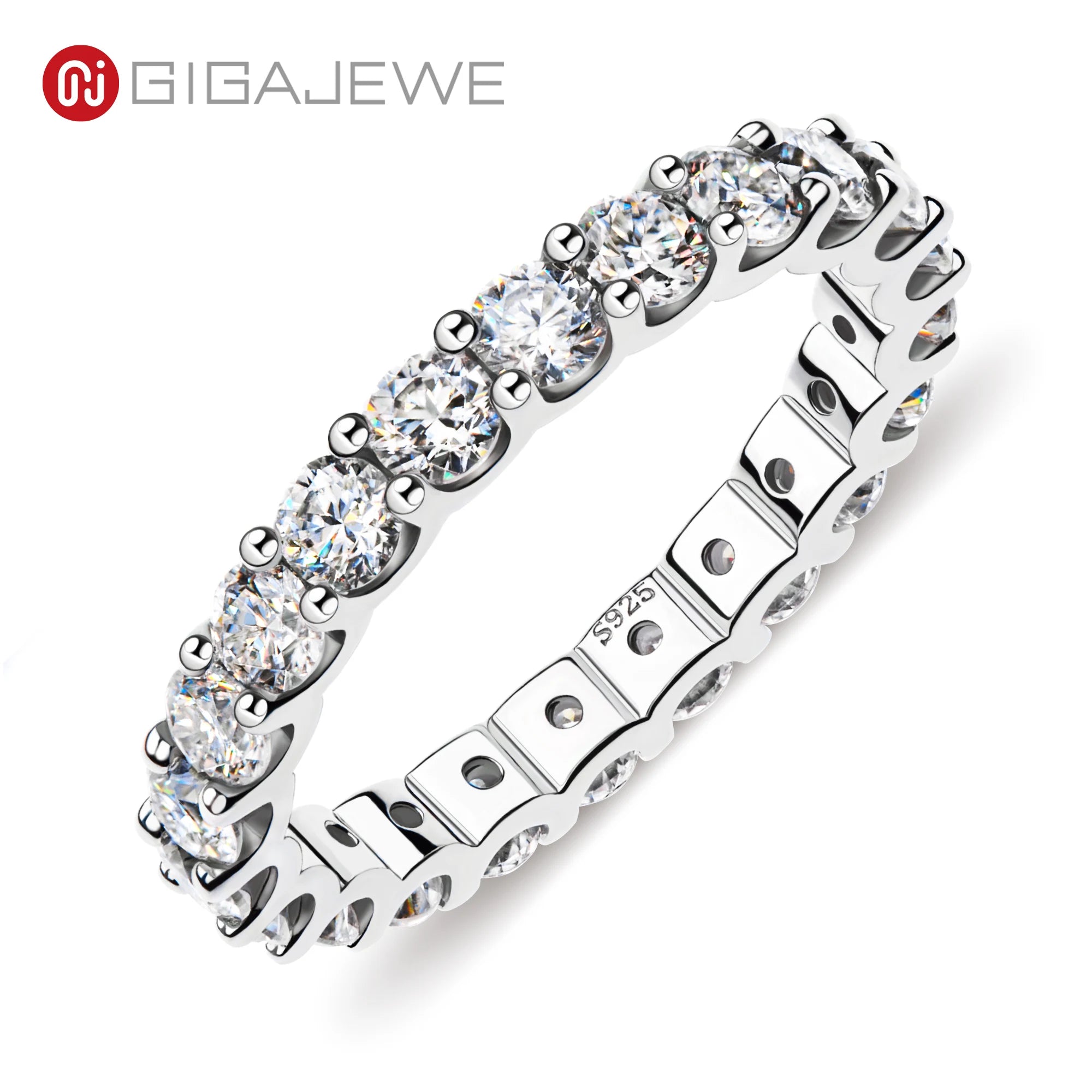 GIGAJEWE Moissanite 3.0mm White D Color VVS1 Round Cut 925 Silver Eternity Band Ring