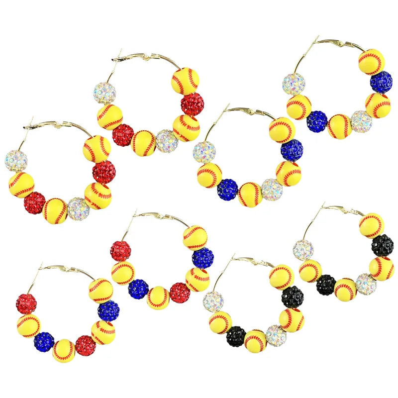 Women's Fashion Sports Softball Diamond Beads Cheer Team Big Hoop Earrings