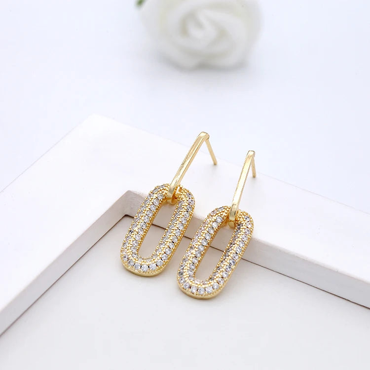 Sparkling CZ Micro Pave Paperclip Dangle Earrings 14K Gold Geometric Rectangle Drop Earrings for Women