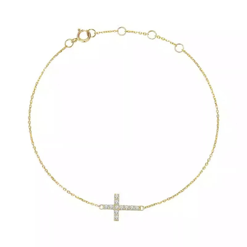 Wholesale Fine Jewelry 18k Gold Plated Designer 925 Sterling Silver Korean Minimalist Pave Zircon Cross Chain Bracelet for Women