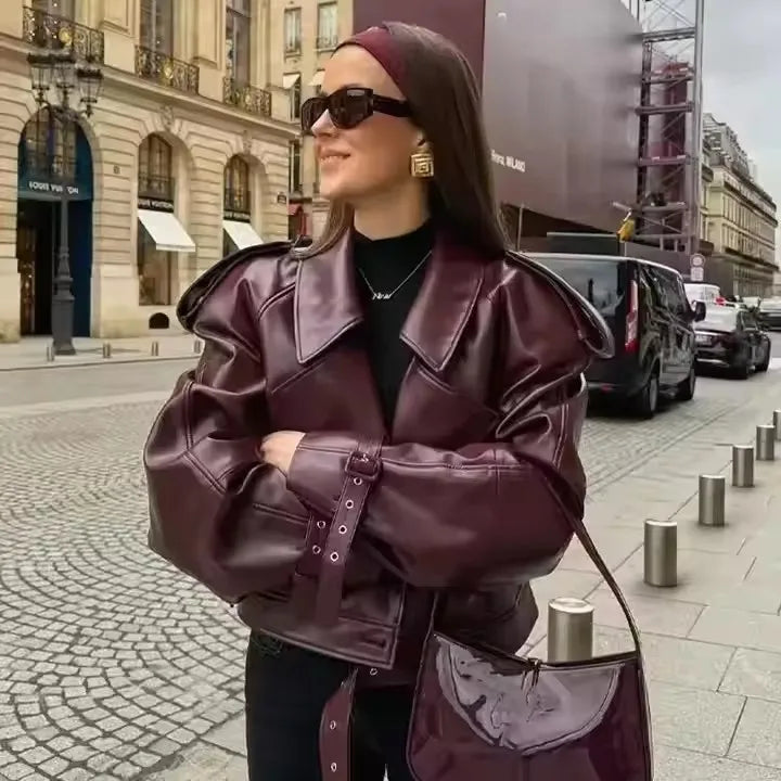 2025 New Fashion Lady Street Party Outwears Cool Girl Slim Chery Red Cropped Coat Women Lapel Long Sleeved Short Leather Jacket