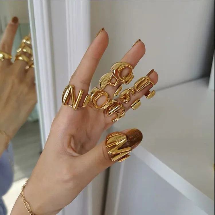 G1031 24K Gold Plated 26 Alphabets Charm Ring Jewelry Personality Punk Opening Adjustable Letters Initial Rings