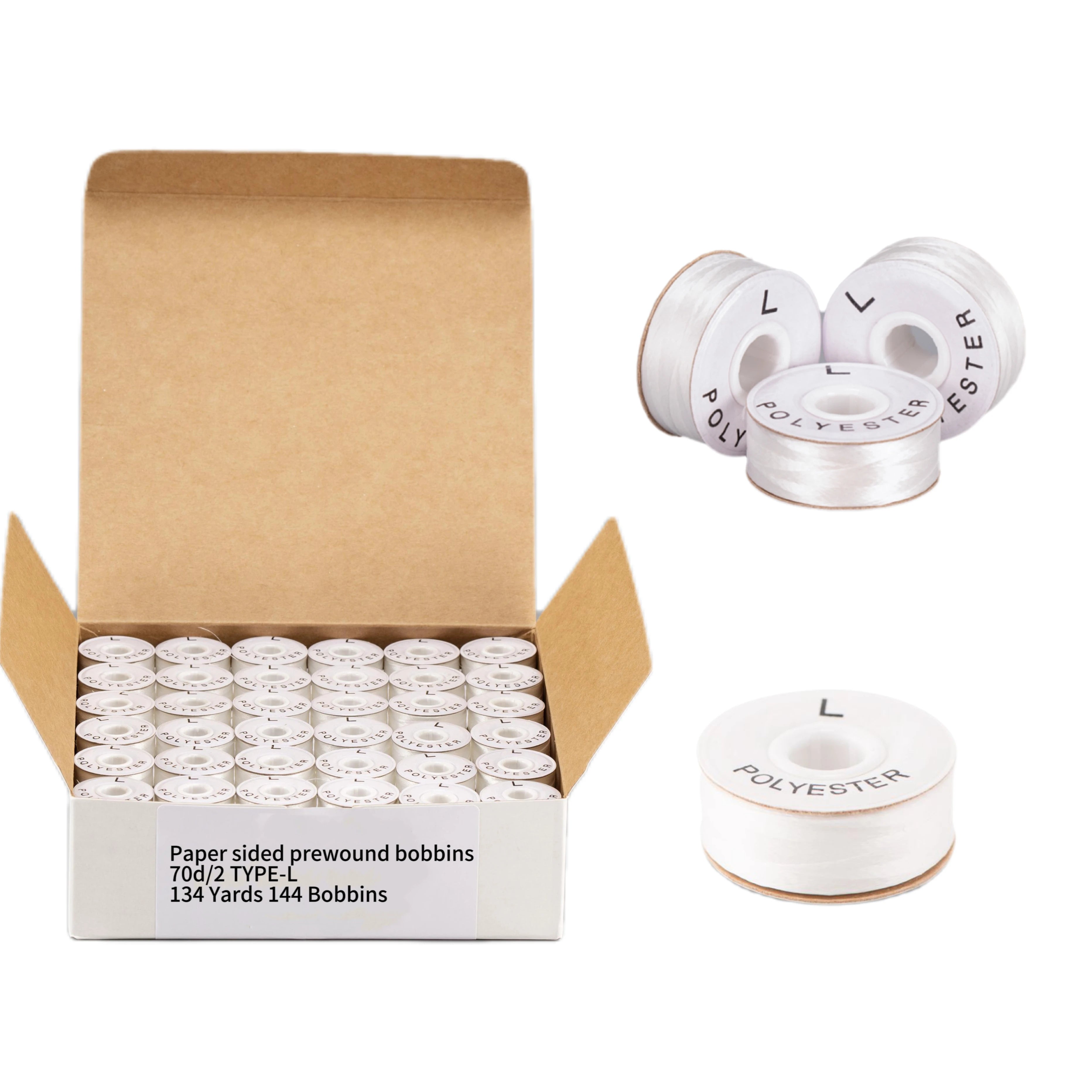 Paper Sided Pre-Wound Type-L Bobbins 100% Polyester Filament 144/Box White 70D/2 Mercerized Dyed for Embroidery & Crochet Sewing
