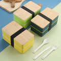 Wholesale BPA Free Double Layer Stackable PP Plastic Food Container Microwave Safe Bamboo Lid Bento Lunch Box With Cutlery Set