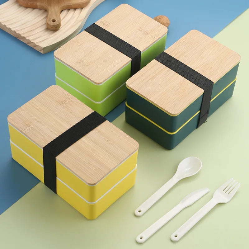 Wholesale BPA Free Double Layer Stackable PP Plastic Food Container Microwave Safe Bamboo Lid Bento Lunch Box With Cutlery Set