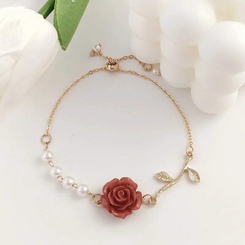 SC Popular Bohemian Gold Silver Leaf Bracelet Vintage Chain Pearl Bracelet Fashion Flower Rose Bracelet for Girls