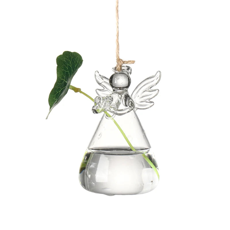 Small Angel Shape Glass Hanging Vase Classic Luxury Home Decor Terrarium Hydroponic Pot Cylinder Globe Wall Vase for Wedding