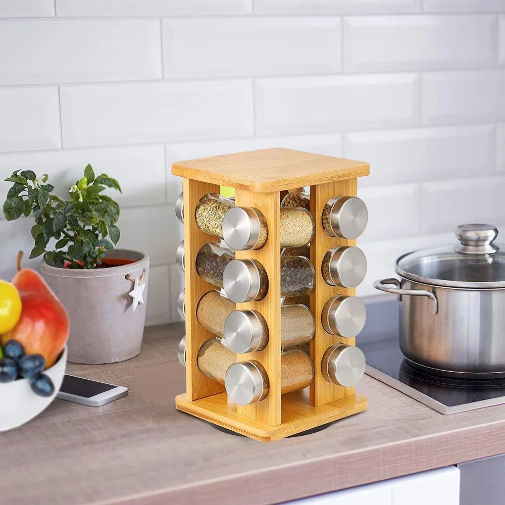 Bamboo Standing Type Three-Layer Eco-Friendly Spice Rack Organizer with 64 Jars Rotating Storage