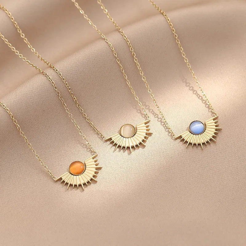 Delicate Stainless Steel Turkish Jewelry 14K Gold Sun Moon Opal Necklace for Women
