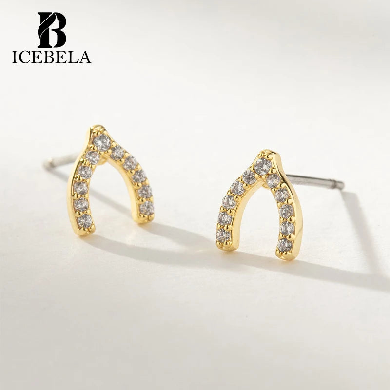 ICEBELA Fine Jewelry Stylish Niche Casual Designer 925 Sterling Silver Chic Zircon PavÃ© Wishbone Stud Earrings for Girls