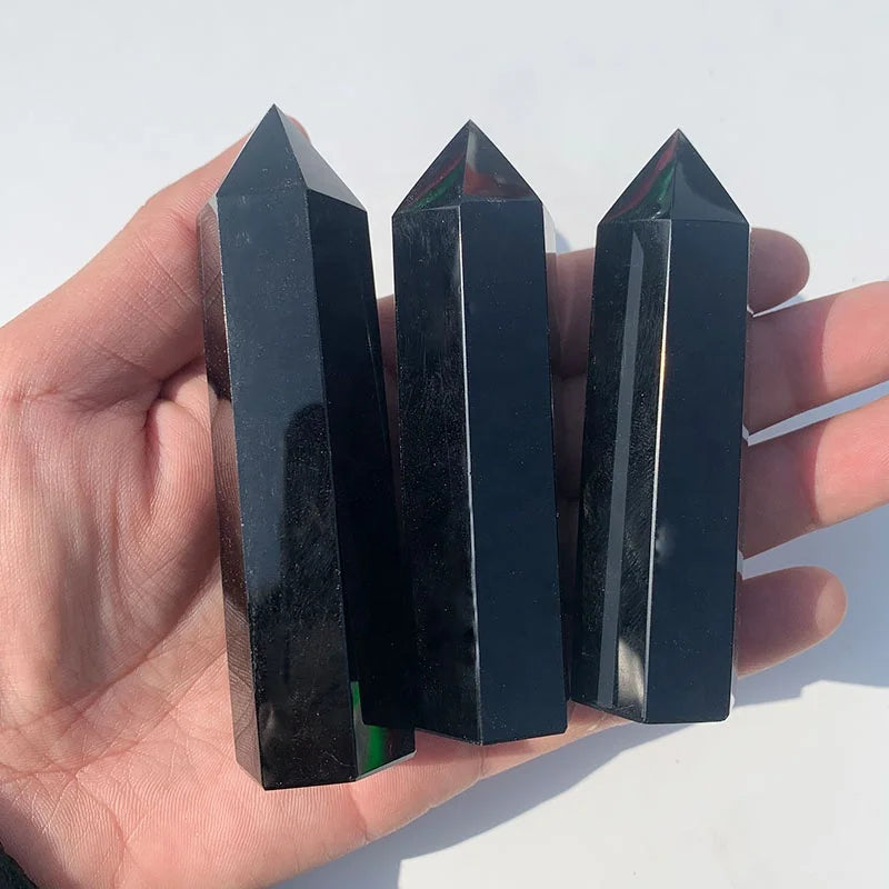 Natural Black Obsidian Quartz Crystal Point Wand Polished Healing Stone Obsidian Crystal Point